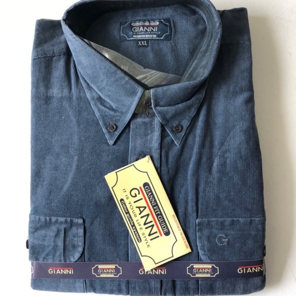 Blue Shirt Button-Down Long Sleeve Point collar 2 Chest pocket Velvet Stripe